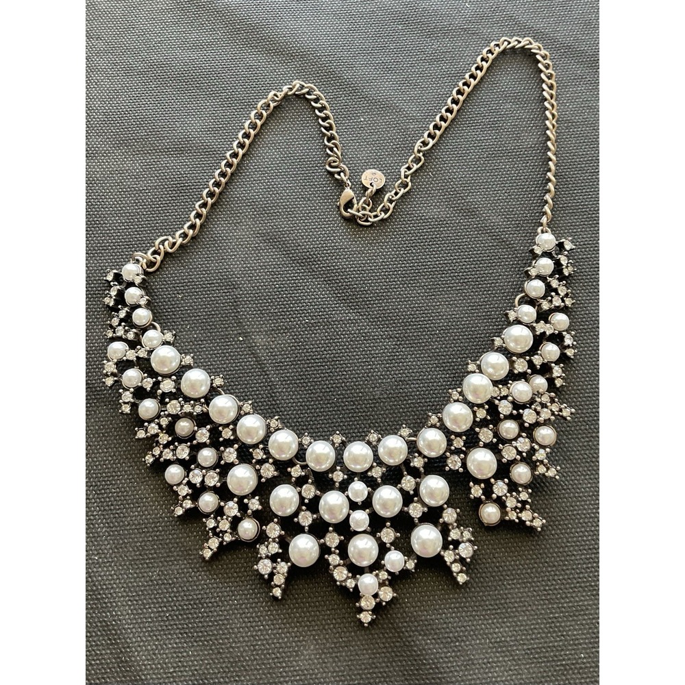 LOFT brand statement bib necklace Faux Pearl & Clear Rhinestone Estate Jewelry